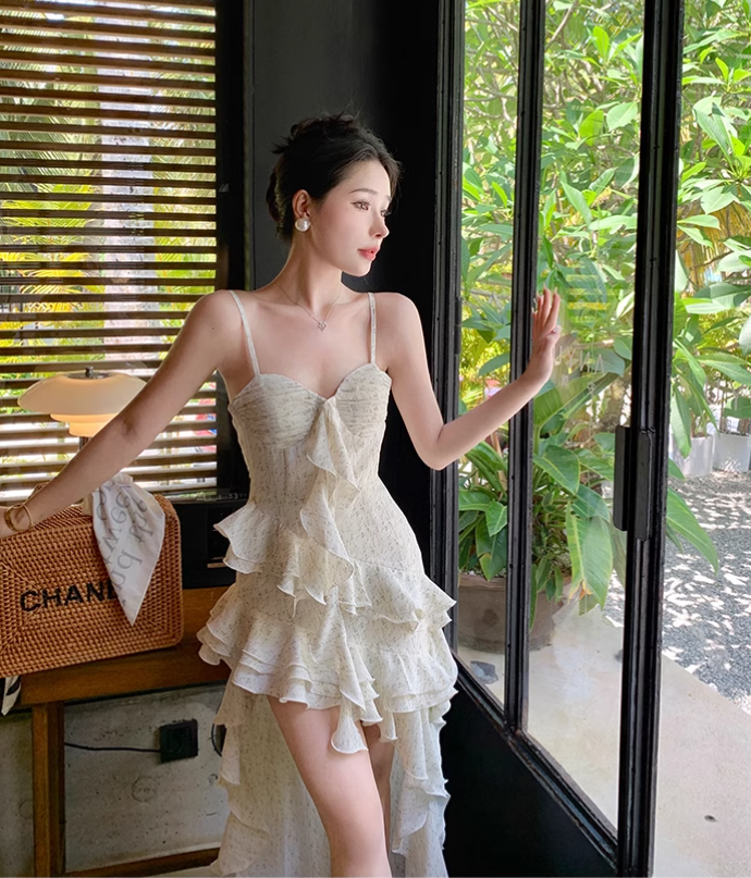 New Simple Elegant Floral Irregular Design Beach Holiday Spaghetti Strap Dress TP3069