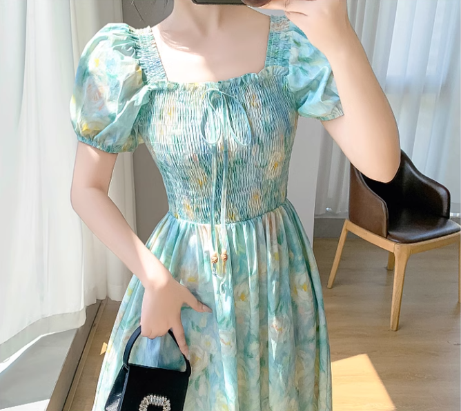 Simple Elegant Floral Design Short Sleeves Halter Dress TP3071