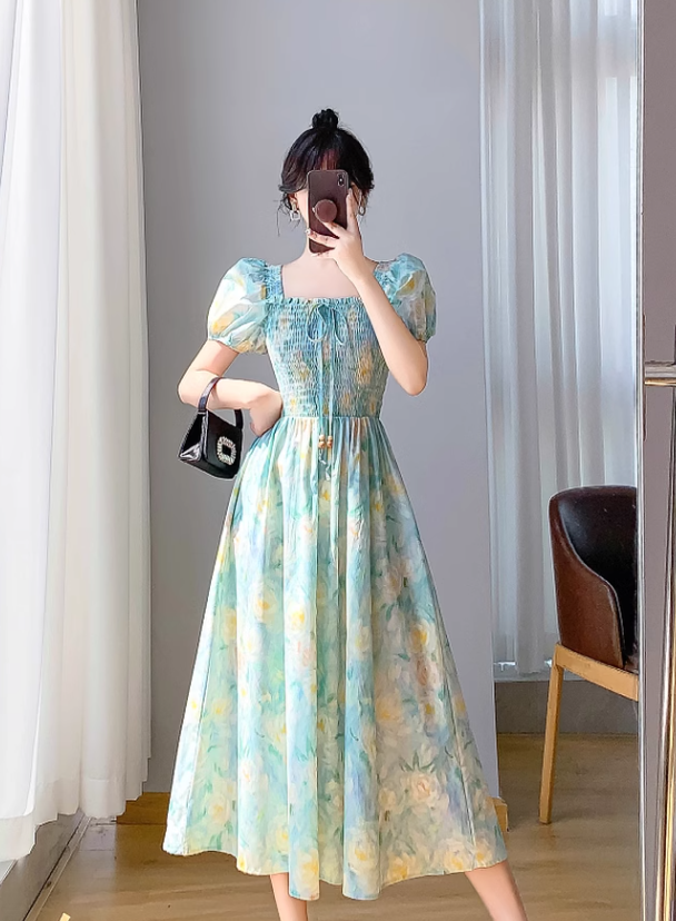 Simple Elegant Floral Design Short Sleeves Halter Dress TP3071