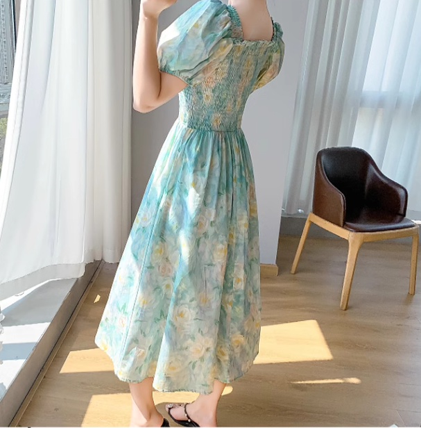 Simple Elegant Floral Design Short Sleeves Halter Dress TP3071