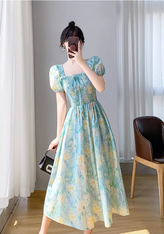 Simple Elegant Floral Design Short Sleeves Halter Dress TP3071
