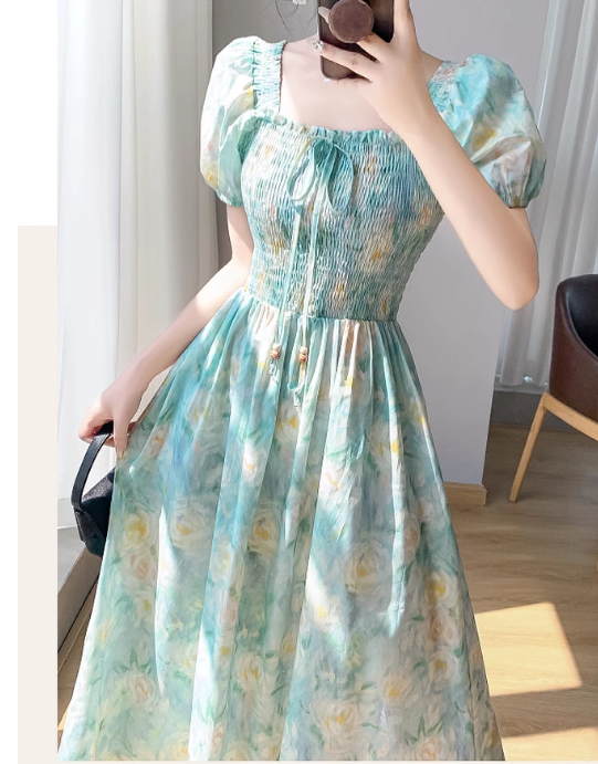 Simple Elegant Floral Design Short Sleeves Halter Dress TP3071