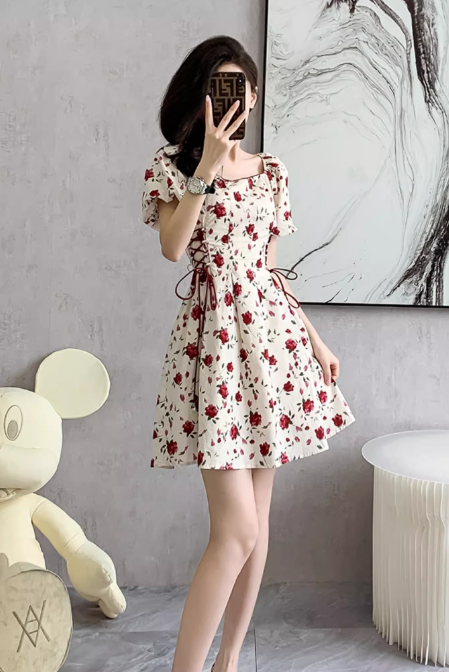 New Simple Elegant Red Floral Design Short Sleeves Women Midi Dress TP3072