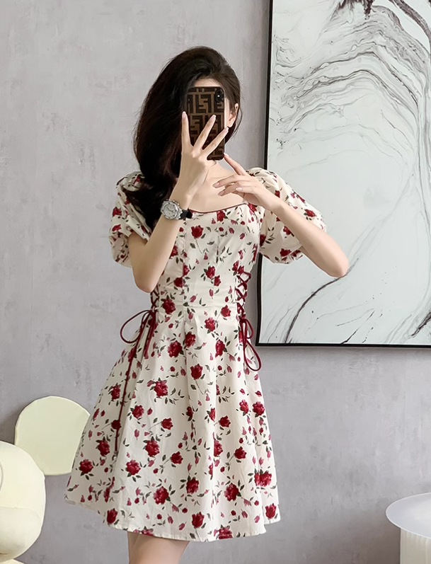 New Simple Elegant Red Floral Design Short Sleeves Women Midi Dress TP3072