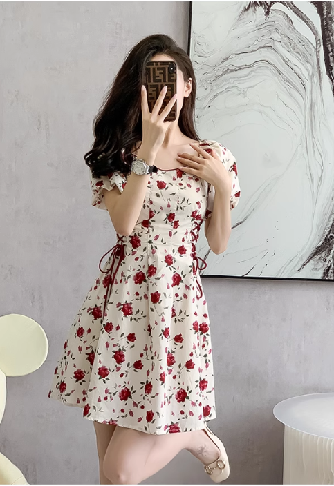 New Simple Elegant Red Floral Design Short Sleeves Women Midi Dress TP3072
