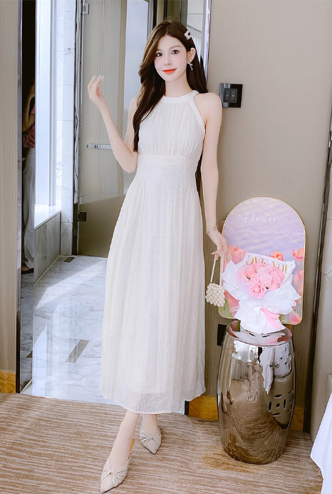 New Simple Elegant Women White Design High-waisted Halter Dress TP3073