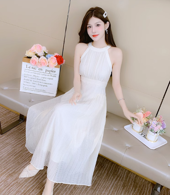 New Simple Elegant Women White Design High-waisted Halter Dress TP3073