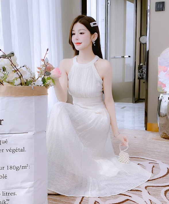 New Simple Elegant Women White Design High-waisted Halter Dress TP3073