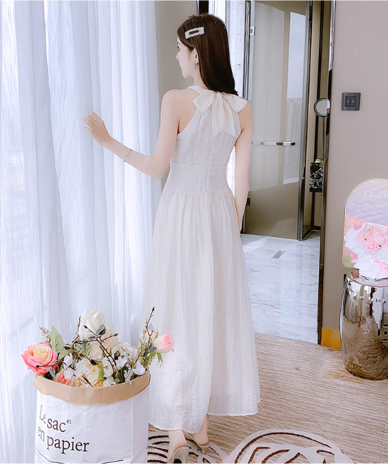 New Simple Elegant Women White Design High-waisted Halter Dress TP3073