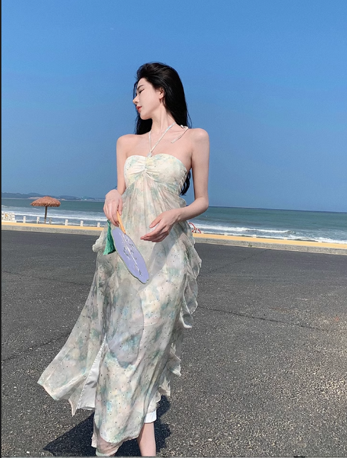Simple Fashion Women Floaral Design Beach Holiday Halter Dress TP3074