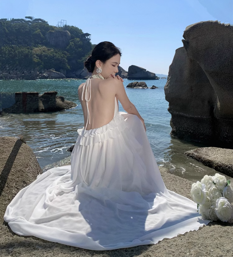 Simple Fashion Women White Design Sense Beach Holiday Banquet Halter Dress TP3075
