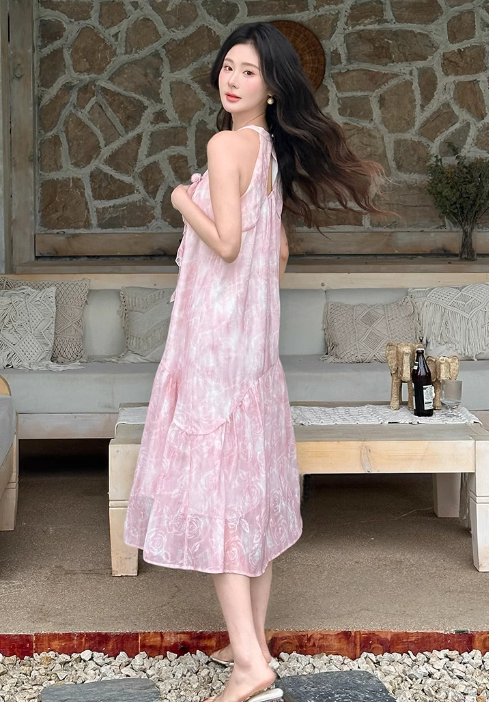 New Fashion Women Pink Floral Design Sense Beach Holiday Halter Dress TP3076
