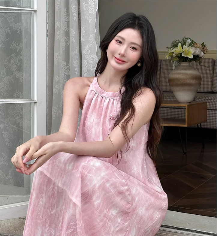 New Fashion Women Pink Floral Design Sense Beach Holiday Halter Dress TP3076