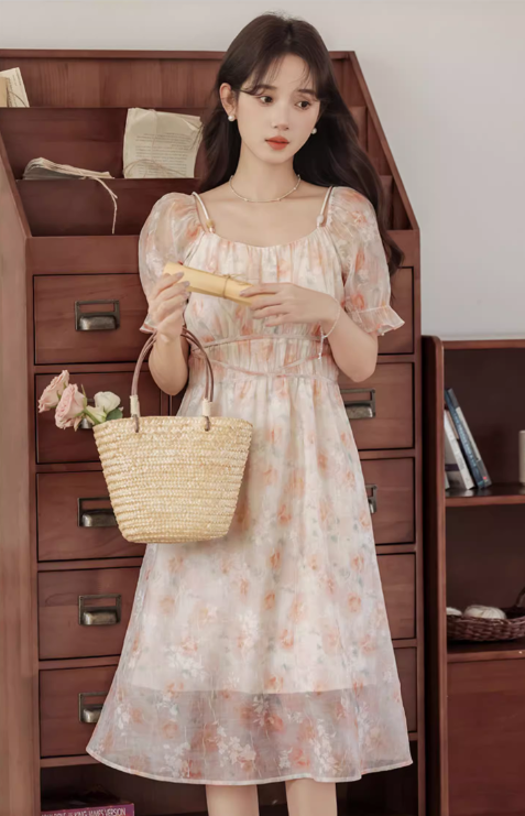 Vintage Women Floral Design A-Line Chiffon Short Sleeves Dress TP3077