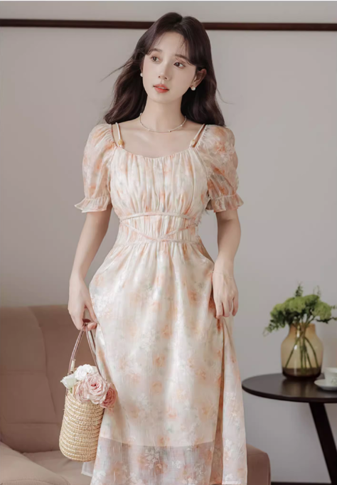 Vintage Women Floral Design A-Line Chiffon Short Sleeves Dress TP3077
