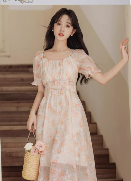 Vintage Women Floral Design A-Line Chiffon Short Sleeves Dress TP3077