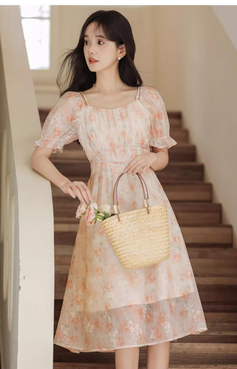Vintage Women Floral Design A-Line Chiffon Short Sleeves Dress TP3077