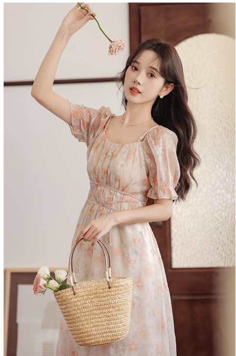 Vintage Women Floral Design A-Line Chiffon Short Sleeves Dress TP3077