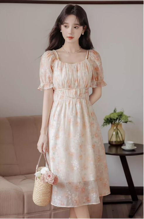 Vintage Women Floral Design A-Line Chiffon Short Sleeves Dress TP3077