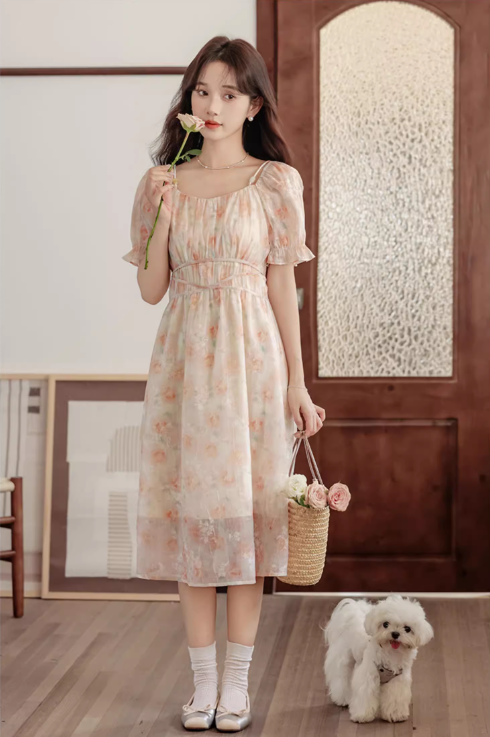 Vintage Women Floral Design A-Line Chiffon Short Sleeves Dress TP3077