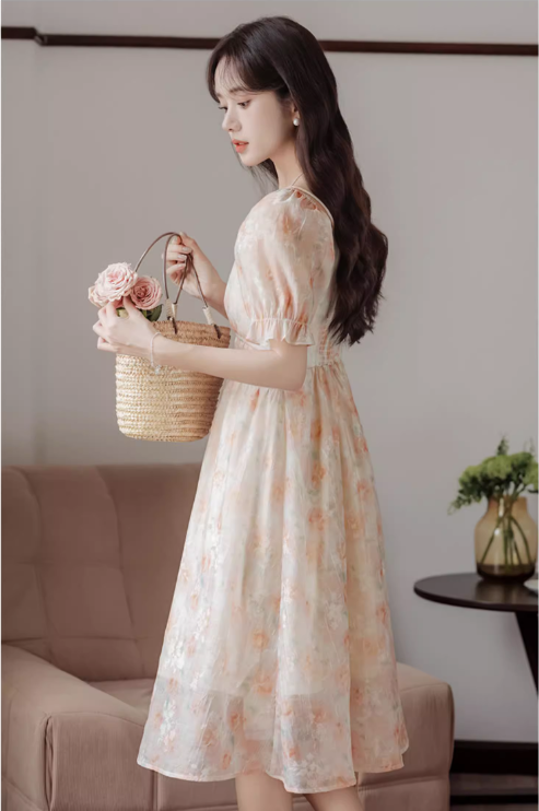 Vintage Women Floral Design A-Line Chiffon Short Sleeves Dress TP3077