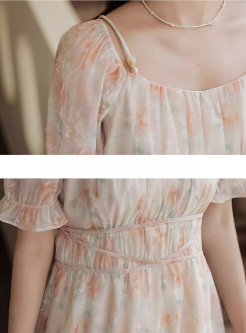Vintage Women Floral Design A-Line Chiffon Short Sleeves Dress TP3077