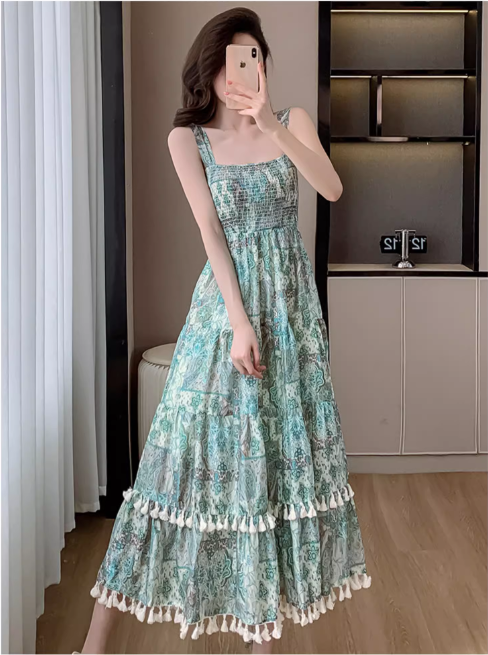 Vintage Women Floral Design A-Line Beach Holiday Spaghetti Strap Dress TP3078