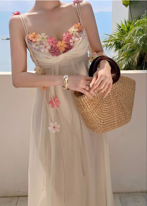 Simple Fashion Women Floral Design A-Line Spaghetti Strap Dress TP3079