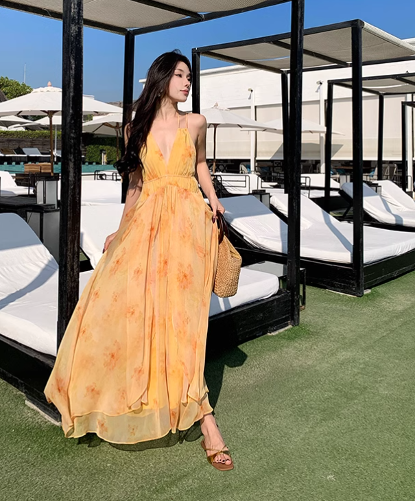 New Fashion Women Yellow Floral Design A-Line Halter Dress TP3080