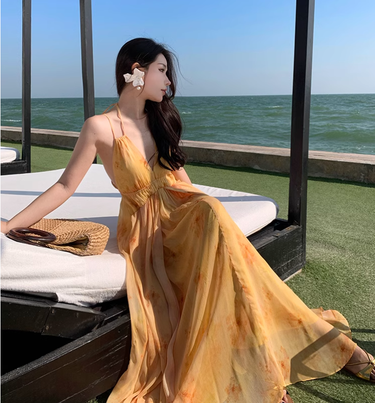 New Fashion Women Yellow Floral Design A-Line Halter Dress TP3080