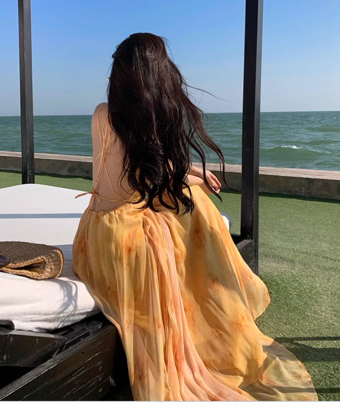 New Fashion Women Yellow Floral Design A-Line Halter Dress TP3080