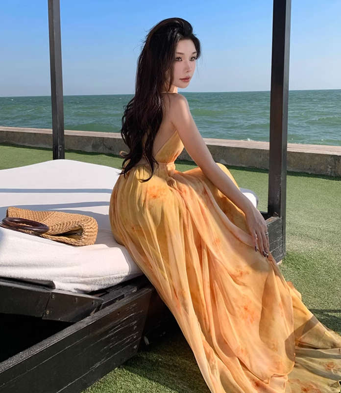 New Fashion Women Yellow Floral Design A-Line Halter Dress TP3080