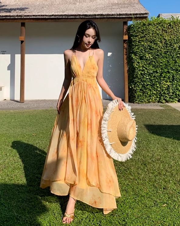 New Fashion Women Yellow Floral Design A-Line Halter Dress TP3080