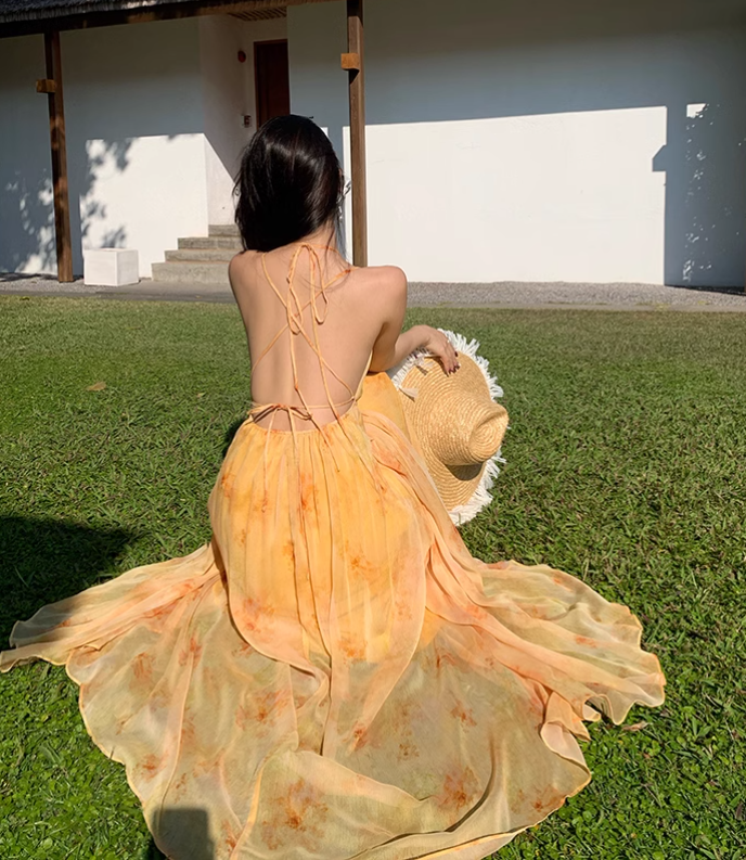 New Fashion Women Yellow Floral Design A-Line Halter Dress TP3080