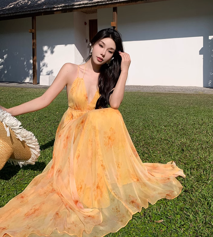 New Fashion Women Yellow Floral Design A-Line Halter Dress TP3080