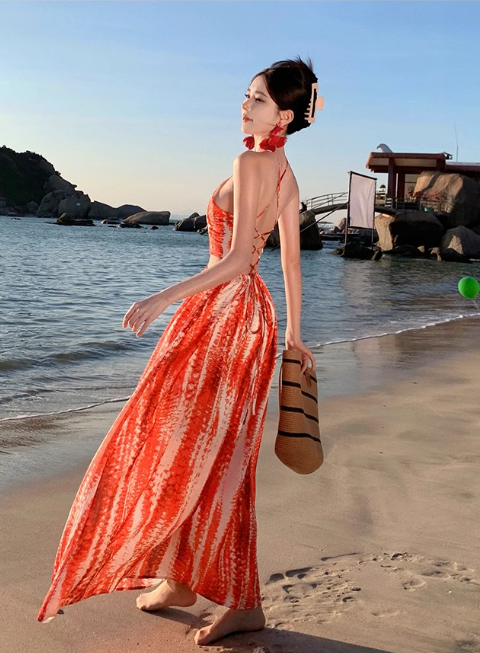 Bohemian Style Women Unique Design Sense Red A-Line Halter Dress TP3081