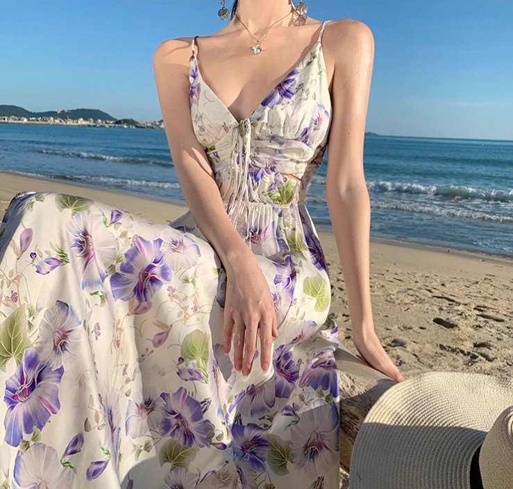 New Style Women Purple Floral Design V-neck A-Line Spaghetti Strap Dress TP3082