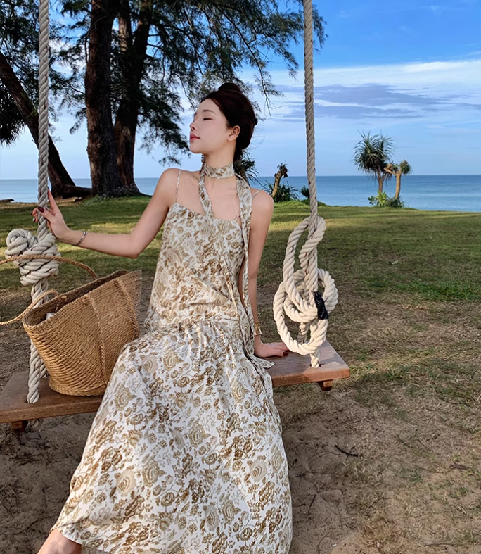 Vintage Fashion Women Floral Design A-Line Beach Holiday Spaghetti Strap Dress TP3084