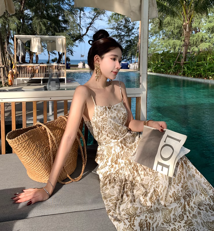 Vintage Fashion Women Floral Design A-Line Beach Holiday Spaghetti Strap Dress TP3084