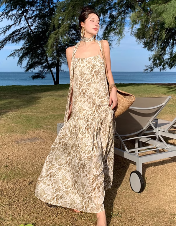 Vintage Fashion Women Floral Design A-Line Beach Holiday Spaghetti Strap Dress TP3084
