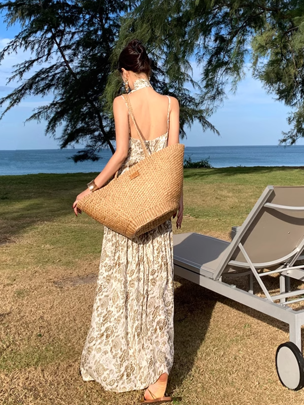Vintage Fashion Women Floral Design A-Line Beach Holiday Spaghetti Strap Dress TP3084