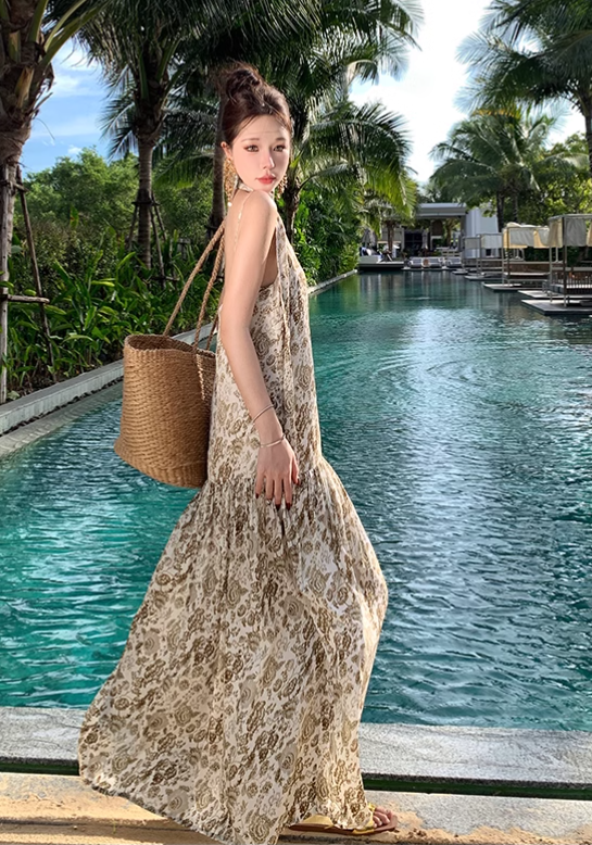 Vintage Fashion Women Floral Design A-Line Beach Holiday Spaghetti Strap Dress TP3084