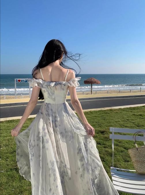 New Fashion Women Floral Falbala Design A-Line Beach Holiday Spaghetti Strap Dress TP3085