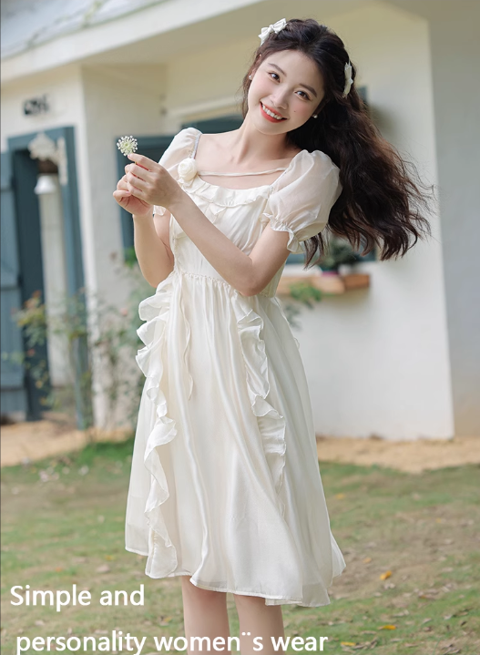 New Fashion Women White Floral Design A-Line Short Sleeves Dress TP3086