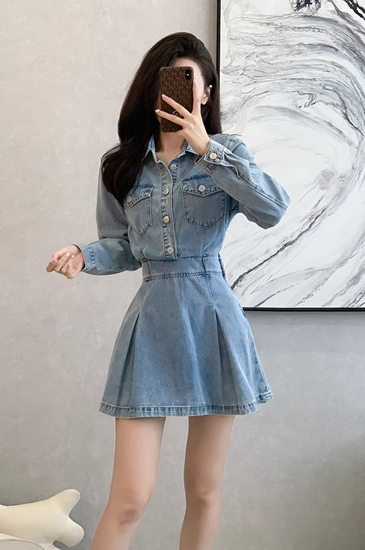 Vintage Fashion Design A-Line Long-sleeved Denim Dress TP3088