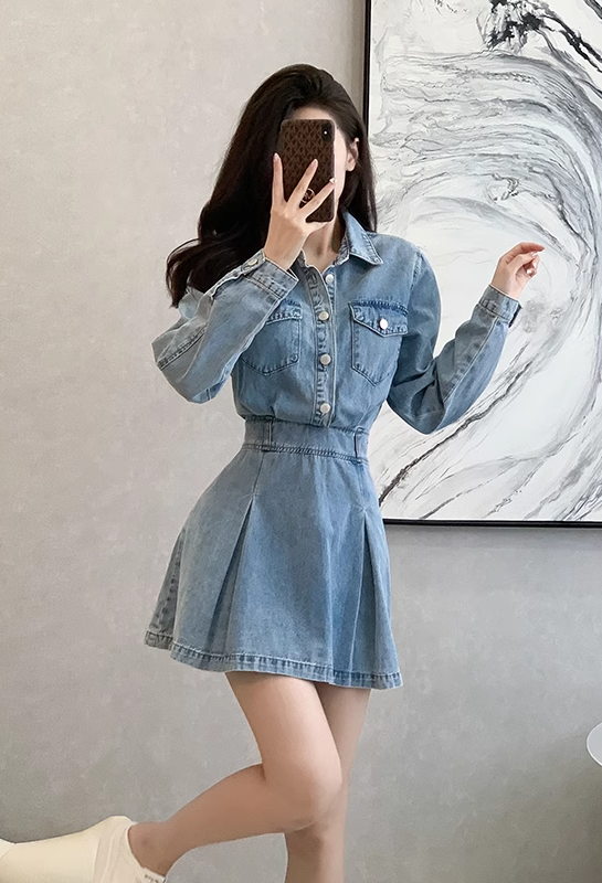 Vintage Fashion Design A-Line Long-sleeved Denim Dress TP3088