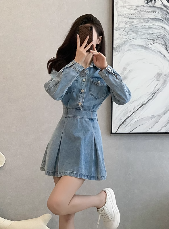 Vintage Fashion Design A-Line Long-sleeved Denim Dress TP3088