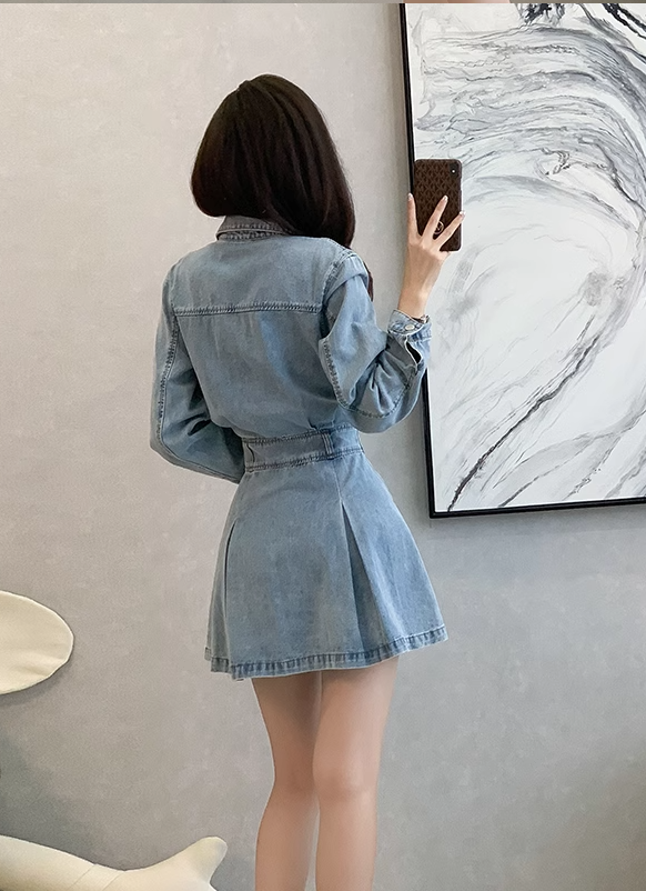 Vintage Fashion Design A-Line Long-sleeved Denim Dress TP3088