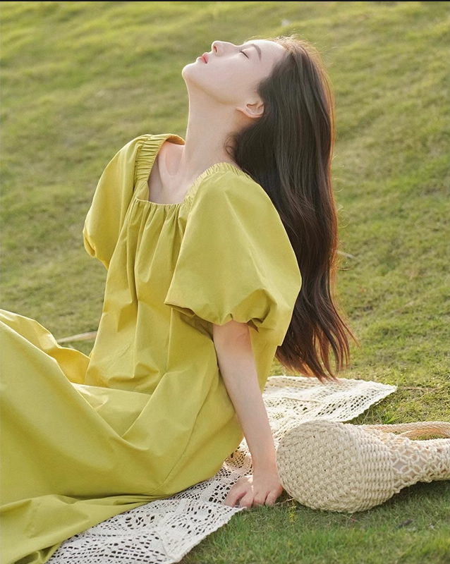 Simple Puffy Short Sleeves Green A-Line Square Neckline Women Dress TP3136