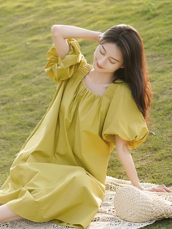 Simple Puffy Short Sleeves Green A-Line Square Neckline Women Dress TP3136